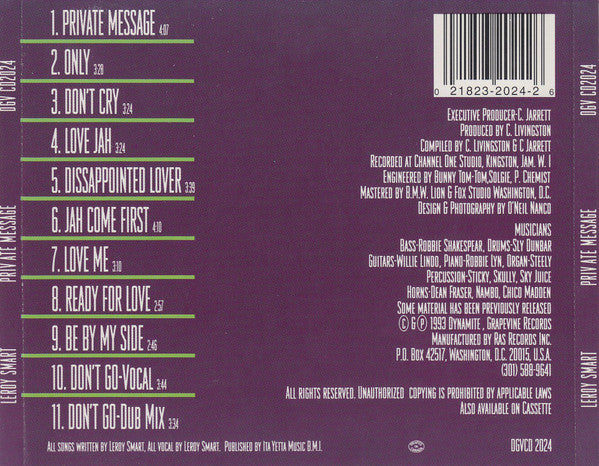 Image of Back Cover of 1834182E: CD - LEROY SMART, Private Message (Grapevine Records; DGVCD 2024, US 1993 Reissue)   VG+/VG+