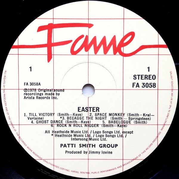 Image of Label Cover of LP - VG/VG+ - PATTI SMITH GROUP, Easter (Fame Cream With No Red Checker; FA3058, UK 1989 Reissue), ,  - 3146158S