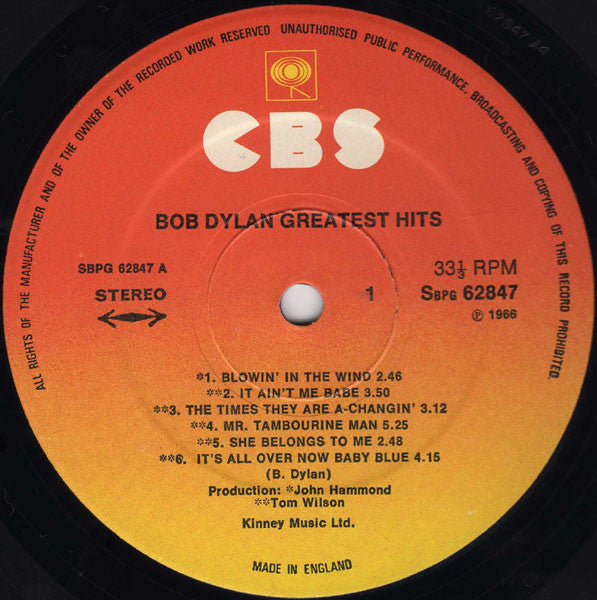 Image of Label Cover of LP - VG/VG - BOB DYLAN, Greatest Hits (CBS; 62847, UK 1975 Reissue), Small chip to rim of record, not affecting play,  - 3826343E