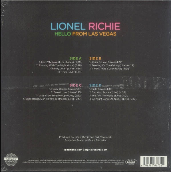 Image of Back Cover of 1914050C: LP - LIONEL RICHIE, Hello From Las Vegas (Capitol Records; B003050301, US 2019)   VG/VG+