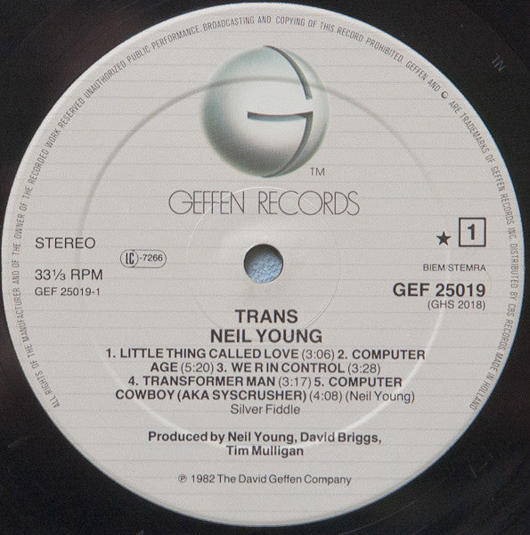 Image of Label Cover of 5044378S: LP - NEIL YOUNG, Trans (Geffen Records; GEF 25019, Europe 1982, Inner) Ring Wear, top edge seam split  VG/VG+