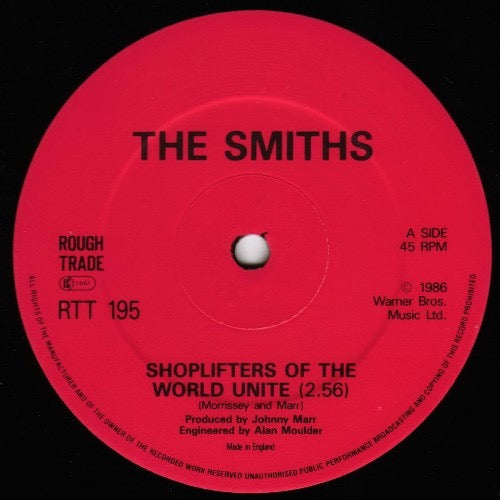 Image of Label Cover of 12" - G+/VG - THE SMITHS, Shoplifters Of The World Unite (Rough Trade; RTT 195, UK 1987, Picture Sleeve, Pink Inner, CBS Pressing), Hairlines, top edge seam split,  - 3446268S