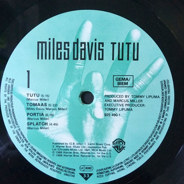 Image of Label Cover of LP - VG/VG - MILES DAVIS, Tutu (Warner Bros. Records; 925 490-1, Europe 1986, Inner, Stickered Sleeve,  Price Code WE 351), ,  - 0826159E