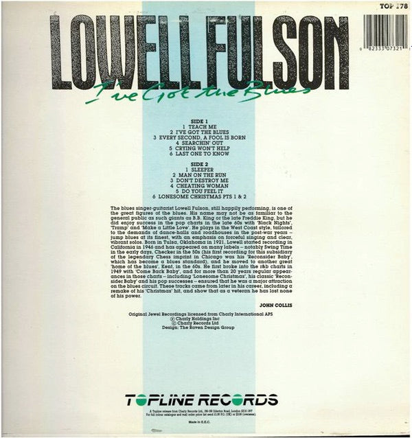 Image of Back Cover of 1914286C: LP - LOWELL FULSON, I've Got The Blues (Topline Records ; TOP 178, Europe 1987 Reissue)   VG/VG