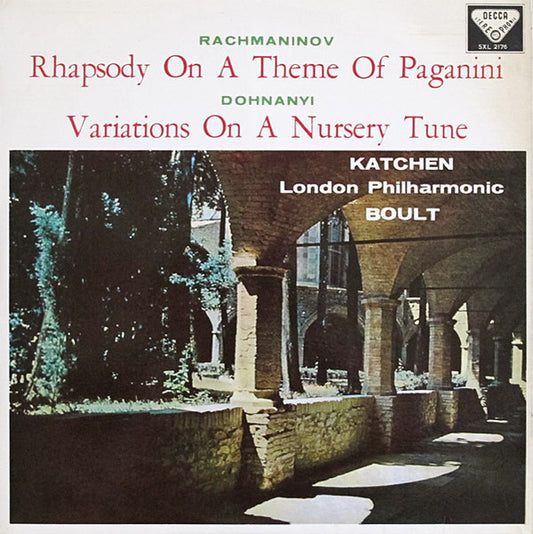 Image of Front Cover of 1924071E: LP - JULIUS KATCHEN, LONDON PHILHARMONIC, SIR ADRIAN BOULT, Rachmaninov: Rhapsody On A Theme Of Paganini / Dohnanyi: Variations On A Nursery Tune (Decca Black Unboxed Wideband - Original Recording at 11 O'Clock - Grooved ED1; SXL 2176, UK 1963 Reissue, Laminated Flipback Sleeve) Strong VG  VG+/VG