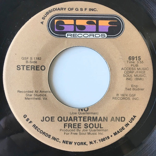 Image of Back Cover of 1914314C: 7" - JOE QUARTERMAN AND FREE SOUL, I'm Gonna Get You / No (GSF Records; 6915, US 1974)   /G+