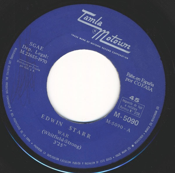 Image of Front Cover of 1914316C: 7" - EDWIN STARR, War / Time (Tamla Motown; M - 5090, Spain 1970, No Sleeve)   /G+