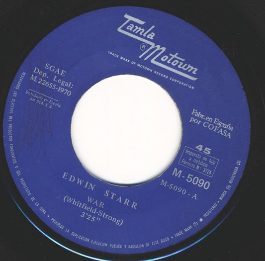 Image of Front Cover of 1914316C: 7" - EDWIN STARR, War / Time (Tamla Motown; M - 5090, Spain 1970, No Sleeve)   /G+