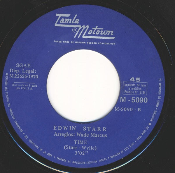 Image of Back Cover of 1914316C: 7" - EDWIN STARR, War / Time (Tamla Motown; M - 5090, Spain 1970, No Sleeve)   /G+