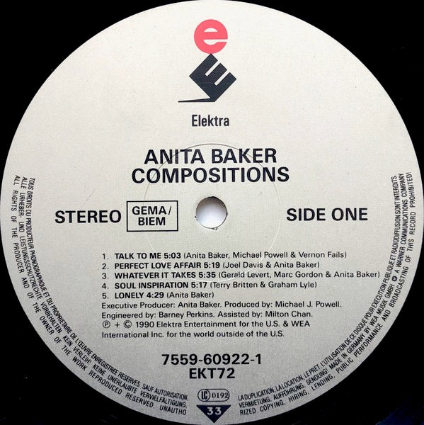 Image of Label Cover of LP - VG/VG - ANITA BAKER, Compositions (Elektra; 7559 60922-1, UK & Europe 1990, Inner), Solid VG across the board.,  - 3516357C