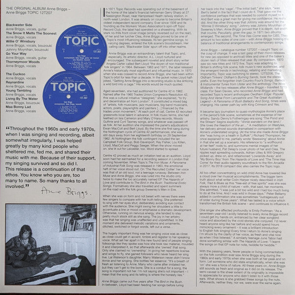 Image of Back Cover of LP - VG+/VG+ - ANNE BRIGGS, Anne Briggs (Topic Records; TTSLP006, Worldwide 2024 Reissue, Inner, With 7"), Nice clean copy all around.,  - 4346188S