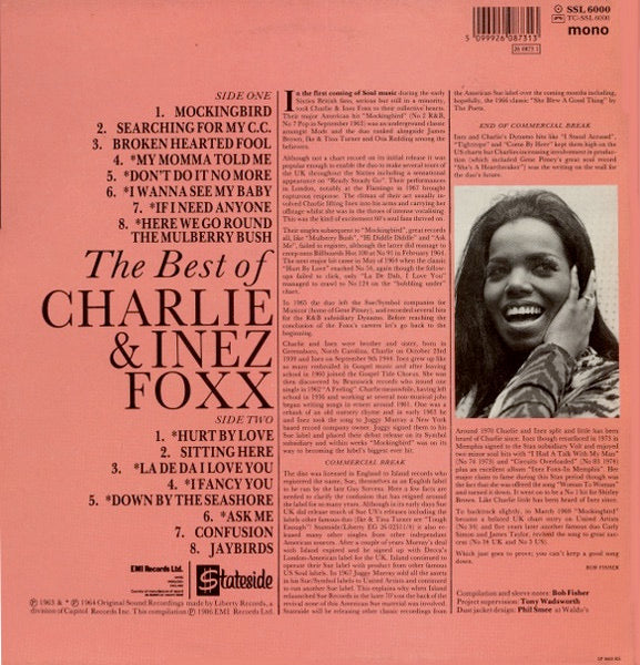 Image of Back Cover of 1914396C: LP - CHARLIE & INEZ FOXX, Mockingbird (The Best Of Charlie & Inez Foxx) (Stateside; SSL 6000, UK 1986, Mono) Split in middle of sleeve's top edge  VG/VG