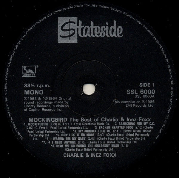 Image of Label Cover of 1914396C: LP - CHARLIE & INEZ FOXX, Mockingbird (The Best Of Charlie & Inez Foxx) (Stateside; SSL 6000, UK 1986, Mono) Split in middle of sleeve's top edge  VG/VG