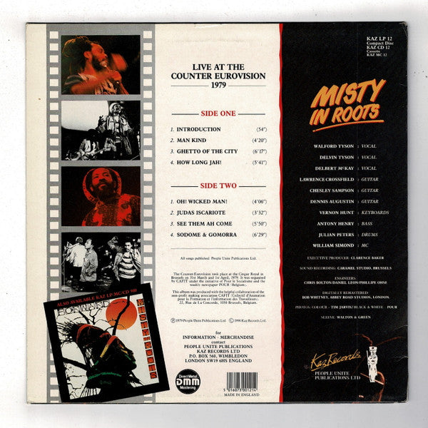 Image of Back Cover of LP - VG+/VG+ - MISTY IN ROOTS, Live At The Counter Eurovision (Kaz Records; KAZ LP 12, UK 1990, Remastered), Light creases on sleeve.,  - 3616263C