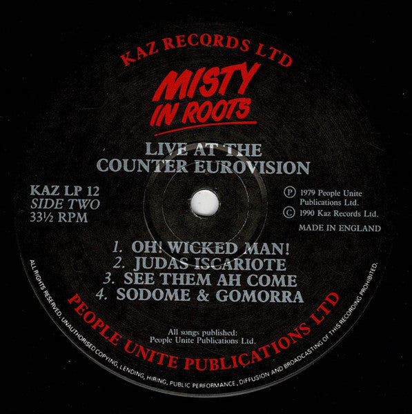 Image of Label Cover of LP - VG+/VG+ - MISTY IN ROOTS, Live At The Counter Eurovision (Kaz Records; KAZ LP 12, UK 1990, Remastered), Light creases on sleeve.,  - 3616263C