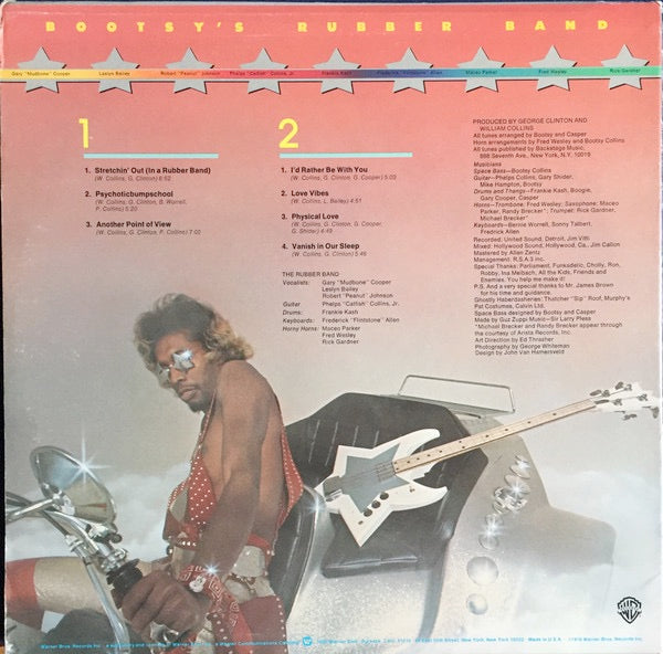 Image of Back Cover of 1914403C: LP - BOOTSY'S RUBBER BAND, Stretchin' Out In Bootsy's Rubber Band (Warner Bros. Records; BS 2920, US 1976, Inner, Jacksonville Pressing) Sleeve has some wear / damage / splits at corners; a crease across reverse at bottom. Some small stains and a sticker ghost on front  VG/VG+