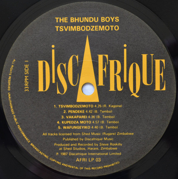 Image of Label Cover of LP - VG+/VG+ - BHUNDU BOYS, Tsvimbodzemoto = Sticks Of Fire (Discafrique; AFRI LP 03, UK 1987, Picture Sleeve), ,  - 1246220S