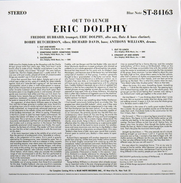 Image of Back Cover of 1924365E: LP - ERIC DOLPHY, Out To Lunch! (Music Matters Ltd.; MMBST-84163, Europe 2015 Reissue, Gatefold, Company Inner, Limited Edition, Reissue, Stereo, 180 Gram) Very Strong VG+ Throughout.  VG+/VG+