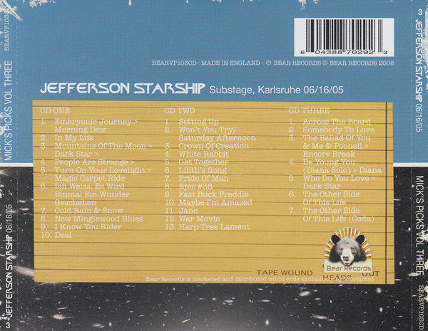 Image of Back Cover of 0416038C: 3xCD - JEFFERSON STARSHIP, Mick's Picks Volume Three (Bear Records; BEARVP103CD, UK 2008, Double CD Case, Booklet)   VG+/VG+
