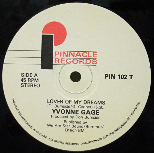 Image of Back Cover of 1924449E: LP - YVONNE GAGE, Lover Of My Dreams / Instrumental (Pinnacle Records; PIN 102 T, UK 1984, Die Cut Company Sleeve) Light marks/scuffs to record, strong G+  VG/G+