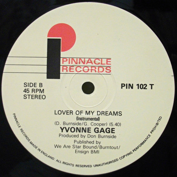 Image of Label Cover of 1924449E: LP - YVONNE GAGE, Lover Of My Dreams / Instrumental (Pinnacle Records; PIN 102 T, UK 1984, Die Cut Company Sleeve) Light marks/scuffs to record, strong G+  VG/G+