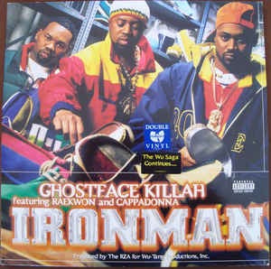 Image of Front Cover of 2xLP - G+/G - GHOSTFACE KILLAH, Ironman (Razor Sharp; EPC 485389 1, Europe 1996, Gatefold), Side two fogged and plays through with surface noise in periods throughout. Other sides are marked and scuffed but play better. Sleeve is slightly bent, has worn and creased corners, and has edge / spine wear,  - 3416502C