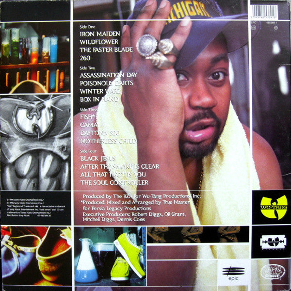 Image of Back Cover of 2xLP - G+/G - GHOSTFACE KILLAH, Ironman (Razor Sharp; EPC 485389 1, Europe 1996, Gatefold), Side two fogged and plays through with surface noise in periods throughout. Other sides are marked and scuffed but play better. Sleeve is slightly bent, has worn and creased corners, and has edge / spine wear,  - 3416502C