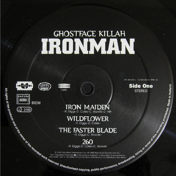 Image of Label Cover of 2xLP - G+/G - GHOSTFACE KILLAH, Ironman (Razor Sharp; EPC 485389 1, Europe 1996, Gatefold), Side two fogged and plays through with surface noise in periods throughout. Other sides are marked and scuffed but play better. Sleeve is slightly bent, has worn and creased corners, and has edge / spine wear,  - 3416502C
