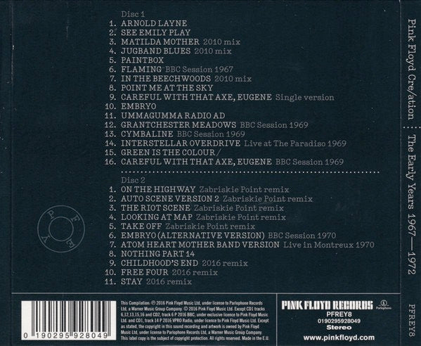 Image of Back Cover of CD - VG+/VG - PINK FLOYD, Cre/ation - The Early Years 1967 - 1972 (Pink Floyd Records; PFREY8, Europe 2016, Digipak, Booklet), Opened Instore,  - 2416002C
