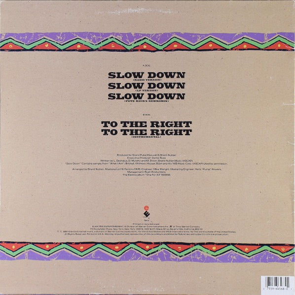 Image of Back Cover of 5114460C: 12" - BRAND NUBIAN, Slow Down (Elektra; 0-66568, US 1991, Picture Sleeve) Some creases and wear on sleeve  VG/G+