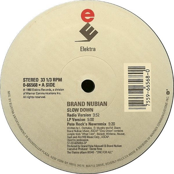 Image of Label Cover of 5114460C: 12" - BRAND NUBIAN, Slow Down (Elektra; 0-66568, US 1991, Picture Sleeve) Some creases and wear on sleeve  VG/G+