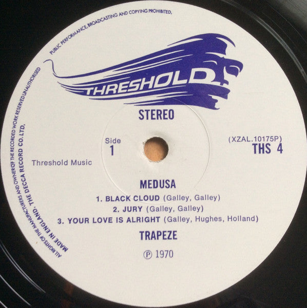 Image of Label Cover of 2024035E: 12" EP - TRAPEZE, Medusa (Threshold; THS 4, UK 1970, Gatefold) Sleeve has creasing and edgewear. Thin 3cm rip on front cover. Vinyl has lots of light marks but nothing serious.  VG/VG