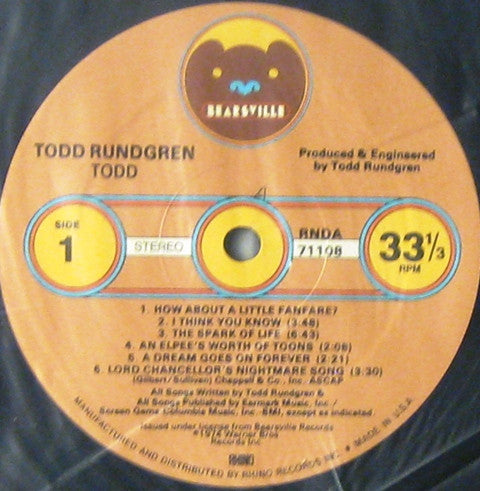 Image of Label Cover of 2024093E: 2xLP - TODD RUNDGREN, Todd (Bearsville; RNDA 71108, US 1987 Reissue, Poster) Cut-out (Notched)  VG+/VG+