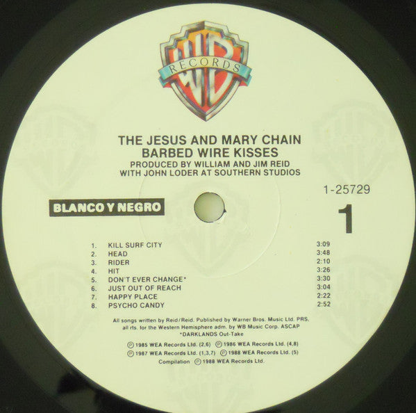 Image of Label Cover of LP - VG/VG+ - THE JESUS AND MARY CHAIN, Barbed Wire Kisses (B-Sides And More) (Warner Bros. Records; 9 25729-1, US 1988), Sleeve has ringwear and crease and a gold promo stamp on the top right.,  - 2026011E