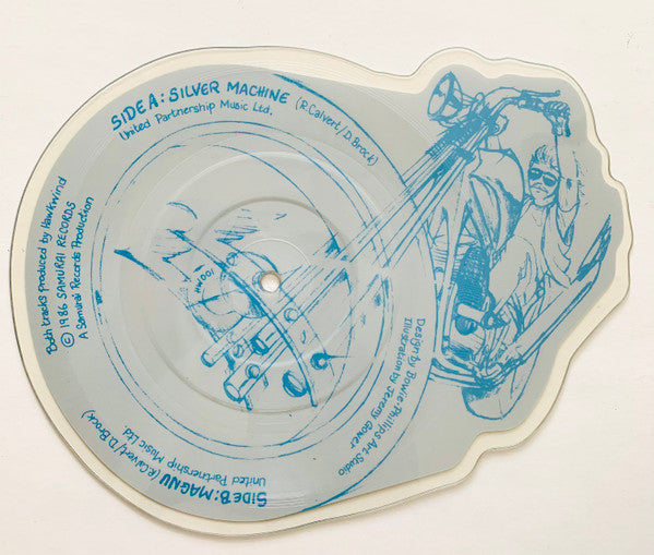 Image of Back Cover of 2024139E: 7" - HAWKWIND, Silver Machine (Samurai; HW 001, UK 1986, Shaped Picture Disc. Orlake pressing)   /VG