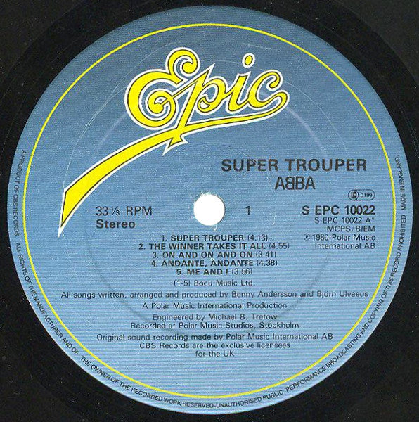 Image of Label Cover of LP - VG/VG - ABBA, Super Trouper (Epic Light Blue / Yellow Logo; EPC 10022, UK 1980, Inner, Asterix on Both A and B Side Label), ,  - 2546066S