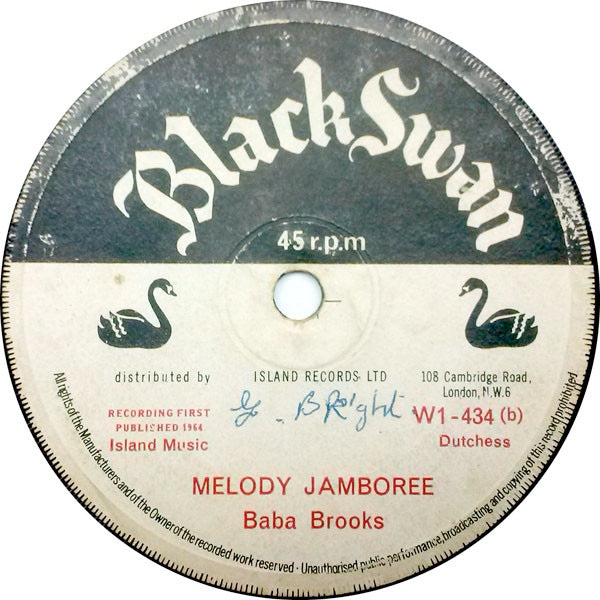 Image of Back Cover of 2014128C: 7" - BABA BROOKS, Spider / Melody Jamboree (Black Swan; WI 434, UK 1964) Record very slightly dished. Small stains on labels  /VG+