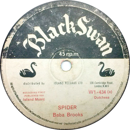 Image of Front Cover of 2014128C: 7" - BABA BROOKS, Spider / Melody Jamboree (Black Swan; WI 434, UK 1964) Record very slightly dished. Small stains on labels  /VG+