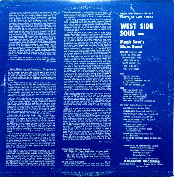 Image of Back Cover of 2014090C: LP - MAGIC SAM BLUES BAND, West Side Soul (Delmark Records; DS - 615, UK 1970) Pressing fault on side 2 which does not sound. Otherwise a very clean copy all round.  VG+/VG+