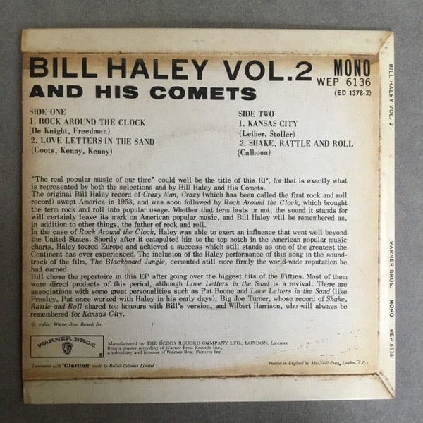 Image of Back Cover of 2014183C: 7" - BILL HALEY AND HIS COMETS, Bill Haley and his Comets Vol.2 (Warner Bros. Records; WEP 6136, UK 1960, Flipback Sleeve) Writing & date stamp on rear sleeve.  VG/VG+