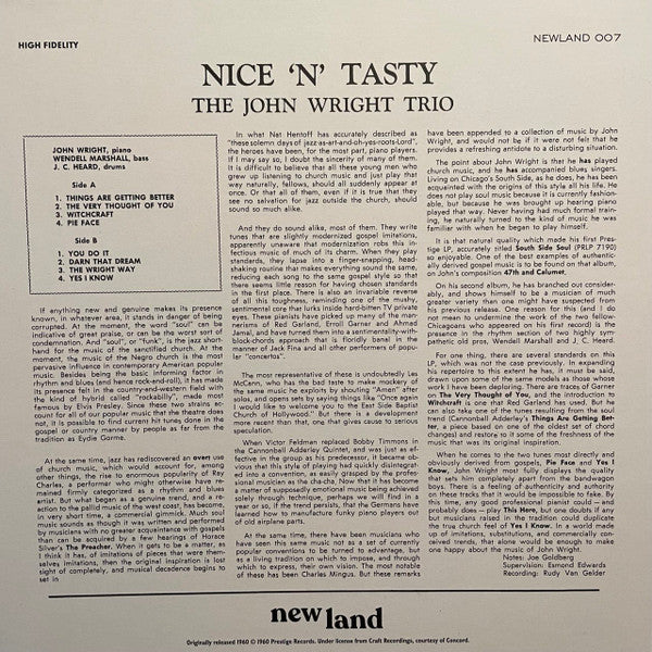 Image of Back Cover of 2044174S: LP - THE JOHN WRIGHT TRIO, Nice 'N' Tasty (New Land; Newland007, Worldwide 2023)   VG+/VG+