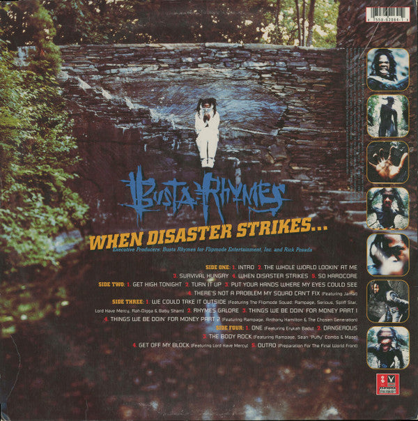 Image of Back Cover of 4915008C: 2xLP - BUSTA RHYMES, When Disaster Strikes... (Elektra; 62064-1, US 1997, Picture Sleeve, Insert) Lots of light marks and hairlines across both discs. Indented scratches on the front of sleeve, light creasing at each corner of sleeve.  G+/G+