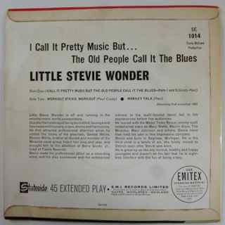 Image of Back Cover of 2014163C: 7" EP - LITTLE STEVIE WONDER, I Call It Pretty Music, But...The Old People Call It The Blues (Stateside; SE 1014, UK 1964, Flipback Sleeve, Mono) Record slightly dished. Sleeve has date stamped, stains and biro writing on reverse  VG/VG+