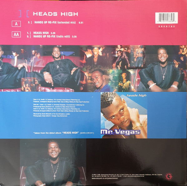 Image of Back Cover of 12" - G+/VG - MR. VEGAS, Heads High (Greensleeves Records; GRED 785, UK 1999, Picture Sleeve), Marks on vinyl. Plays well. Wear to sleeve with light creasing & ringwear.,  - 1826130E