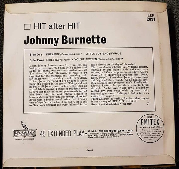 Image of Back Cover of 2014189C: 7" - JOHNNY BURNETTE, Hit After Hit (Liberty; LEP 2091, UK 1963, Laminated Front Flipback Sleeve) Light water damage to sleeve. Small bit of writing & date stamp on rear sleeve.  VG/VG+