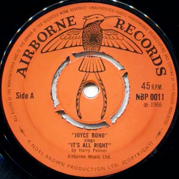 Image of Front Cover of 2014202C: 7" - JOYCE BOND, It's All Right / Mrs. Soul (Airborne Records; NBP 0011, UK 1966) Centre intact with some wear on edges  /VG+