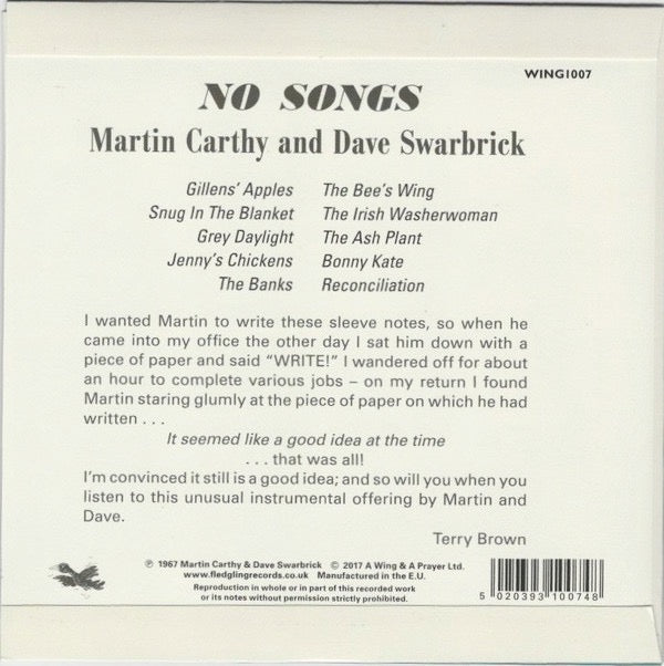 Image of Back Cover of 2014193C: 7" - MARTIN CARTHY AND DAVE SWARBRICK, No Songs (Fledg'ling Records ; WING1007, UK 2017 Reissue, Flipback Sleeve, Inner)   EX/VG+