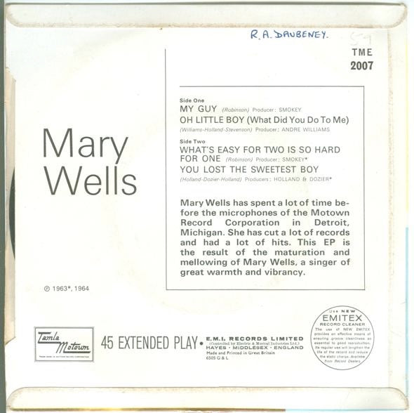 Image of Back Cover of 2014240C: 7" EP - MARY WELLS, Mary Wells (Tamla Motown; TME 2007, UK 1965, Flipback Sleeve, Mono) Record very slightly dished; centre intact. Sleeve has small stains and scuffs; a date stamped and writing in biro on reverse  VG+/VG+