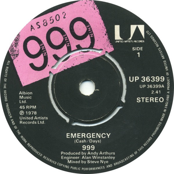 Image of Label Cover of 0516430C: 7" - 999, Emergency (United Artists Records Knock-Out Centre, Side 1 / Side 2 On Labels; UP 36399, UK 1978, Picture Sleeve)   VG/VG