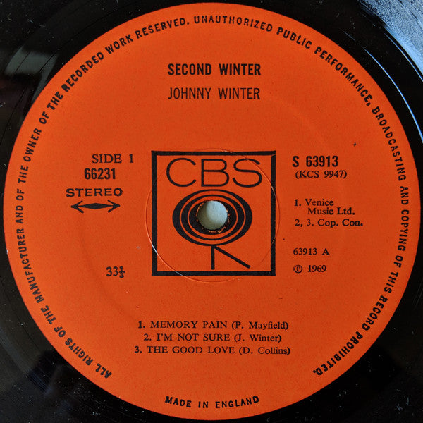 Image of Label Cover of 3715326C: 2xLP - JOHNNY WINTER, Second Winter (CBS; 66231, UK 1969, Gatefold, Single Sided )   VG/VG